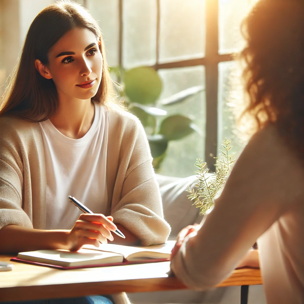 DALL·E 2025-02-10 12.06.22 - A female life coach working with a client in a bright, modern office. The coach is attentively listening while the client speaks, with a notebook and